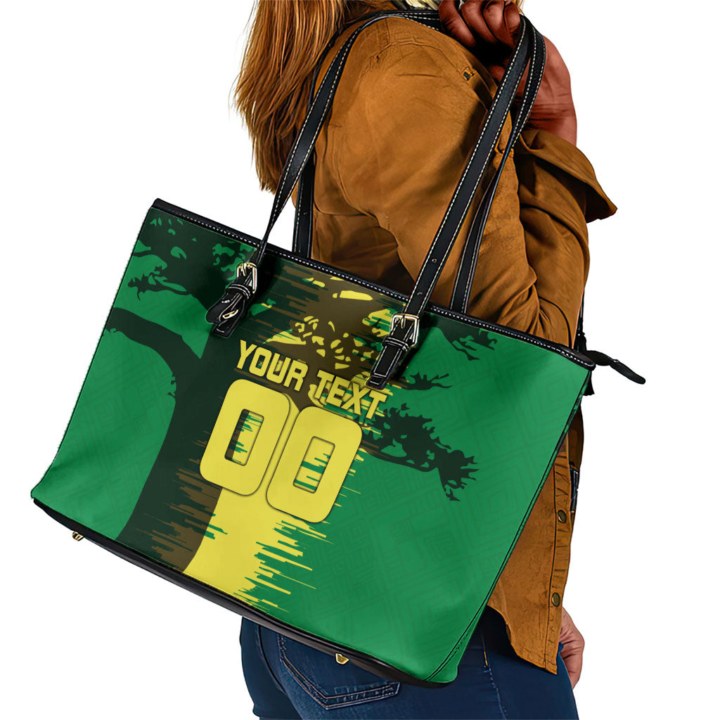 Personalized Senegal Football Lion Leather Tote Bag Fierce Roaring Lion Soccer Art With Senegal Flag