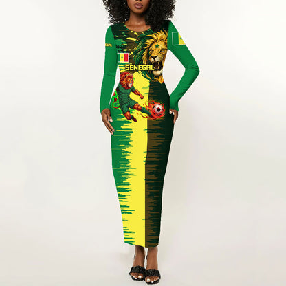 Personalized Senegal Football Lion Long Sleeve Bodycon Dress Fierce Roaring Lion Soccer Art With Senegal Flag