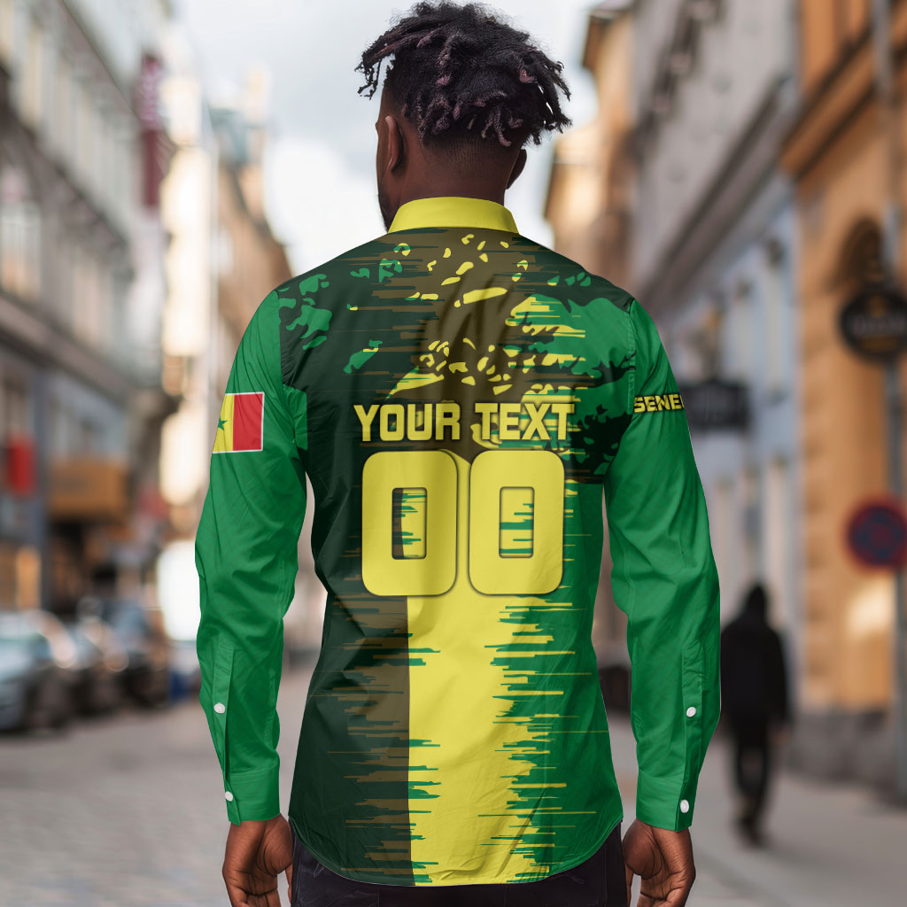 Personalized Senegal Football Lion Long Sleeve Button Shirt Fierce Roaring Lion Soccer Art With Senegal Flag