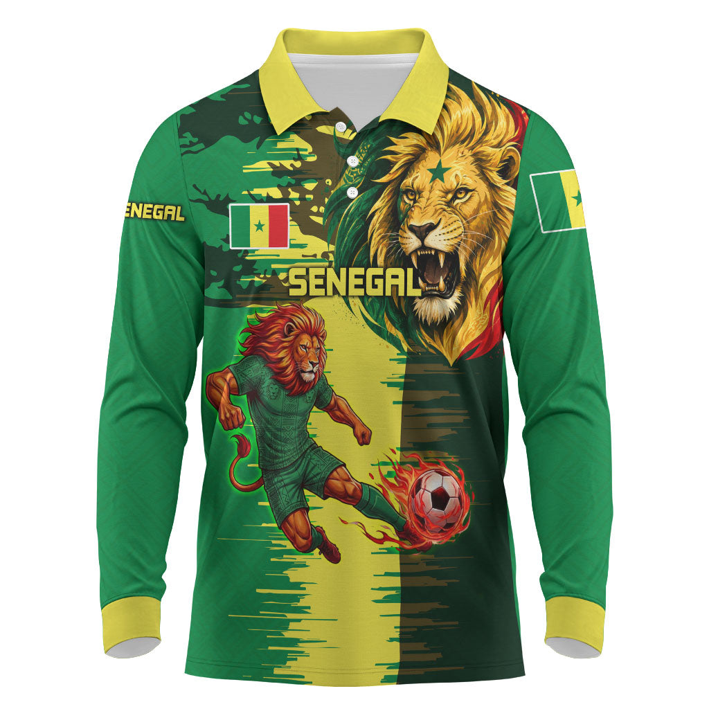 Personalized Senegal Football Lion Long Sleeve Polo Shirt Fierce Roaring Lion Soccer Art With Senegal Flag