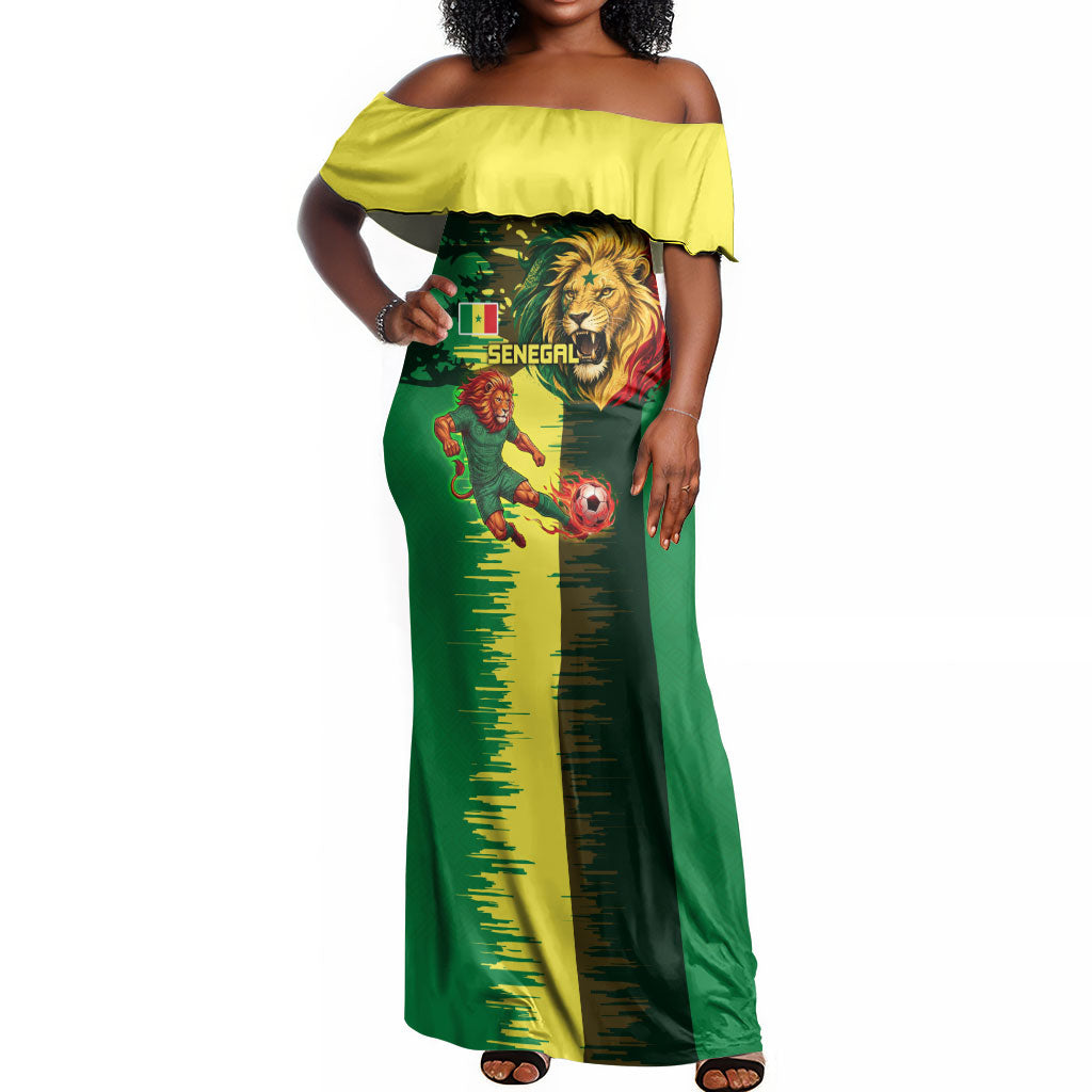 Personalized Senegal Football Lion Off Shoulder Maxi Dress Fierce Roaring Lion Soccer Art With Senegal Flag
