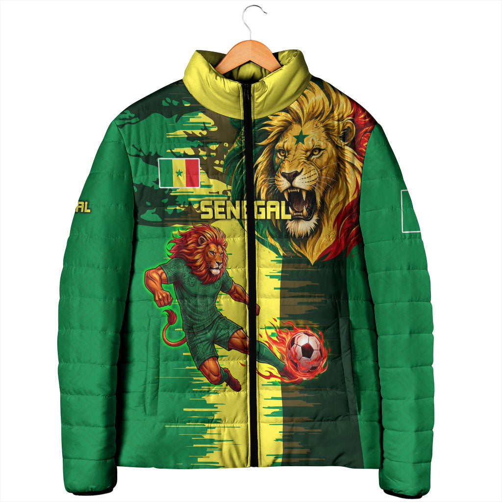 Personalized Senegal Football Lion Padded Jacket Fierce Roaring Lion Soccer Art With Senegal Flag