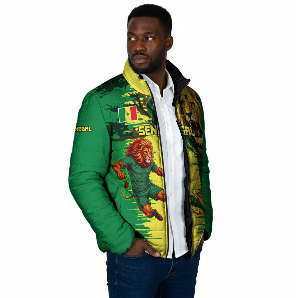 Personalized Senegal Football Lion Padded Jacket Fierce Roaring Lion Soccer Art With Senegal Flag