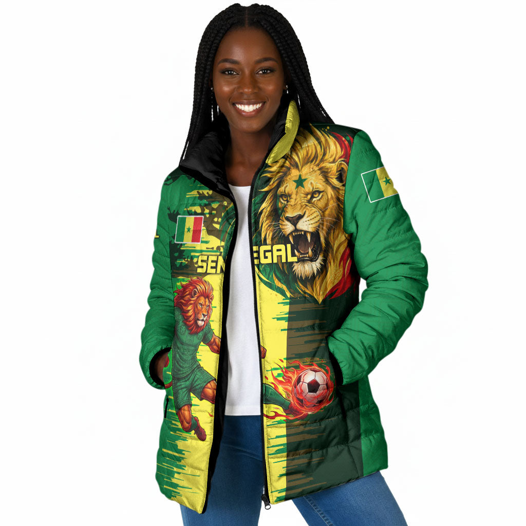 Personalized Senegal Football Lion Padded Jacket Fierce Roaring Lion Soccer Art With Senegal Flag