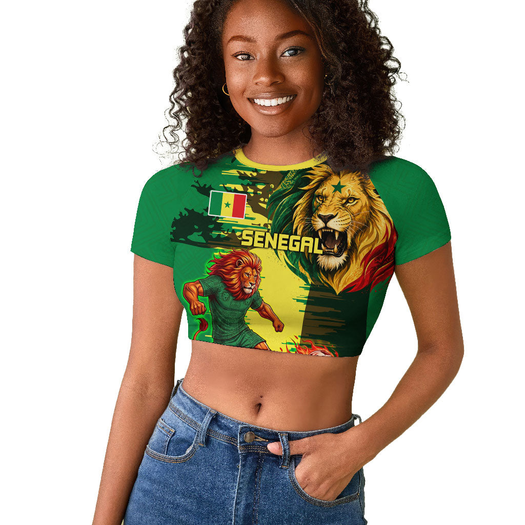 Personalized Senegal Football Lion Raglan Cropped T shirt Fierce Roaring Lion Soccer Art With Senegal Flag
