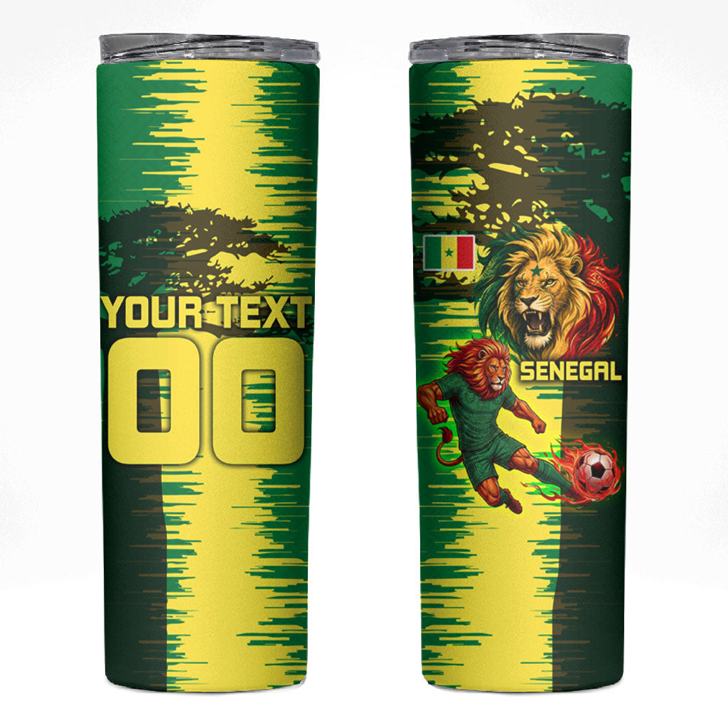 Personalized Senegal Football Lion Skinny Tumbler Fierce Roaring Lion Soccer Art With Senegal Flag