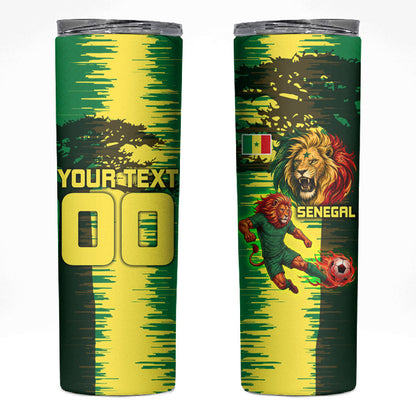 Personalized Senegal Football Lion Skinny Tumbler Fierce Roaring Lion Soccer Art With Senegal Flag