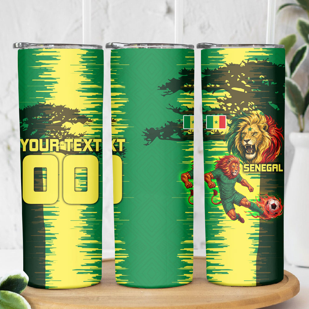 Personalized Senegal Football Lion Skinny Tumbler Fierce Roaring Lion Soccer Art With Senegal Flag