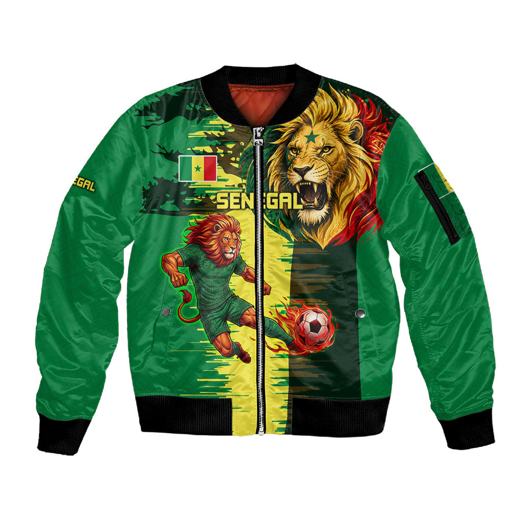 Personalized Senegal Football Lion Sleeve Zip Bomber Jacket Fierce Roaring Lion Soccer Art With Senegal Flag