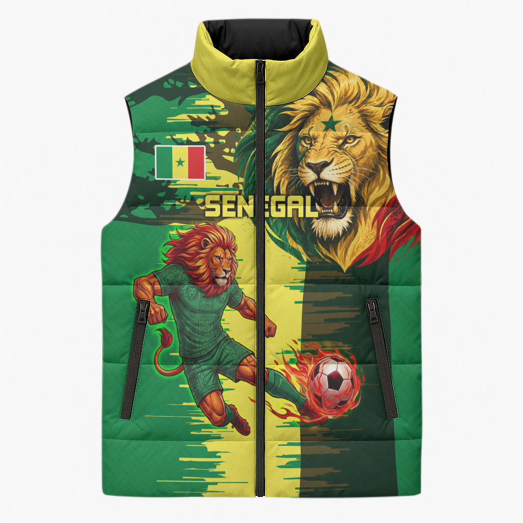 Personalized Senegal Football Lion Sleeveless Puffer Jacket Fierce Roaring Lion Soccer Art With Senegal Flag