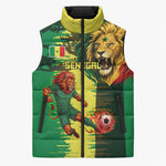 Personalized Senegal Football Lion Sleeveless Puffer Jacket Fierce Roaring Lion Soccer Art With Senegal Flag