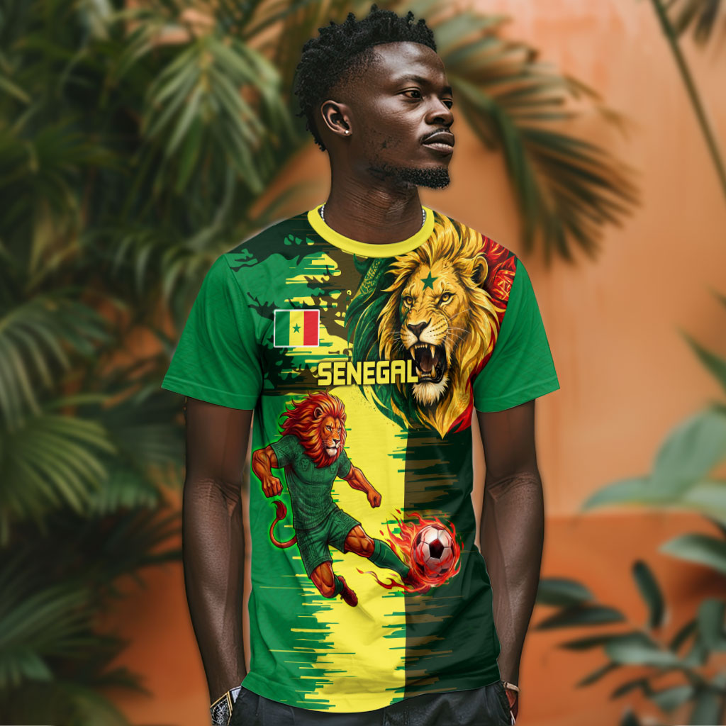 Personalized Senegal Football Lion T shirt Fierce Roaring Lion Soccer Art With Senegal Flag