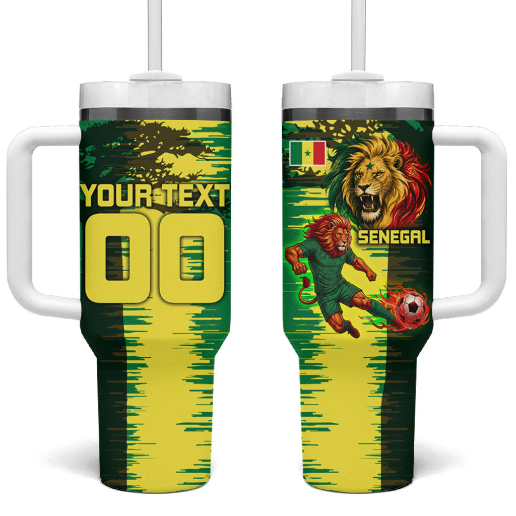 Personalized Senegal Football Lion Tumbler With Handle Fierce Roaring Lion Soccer Art With Senegal Flag