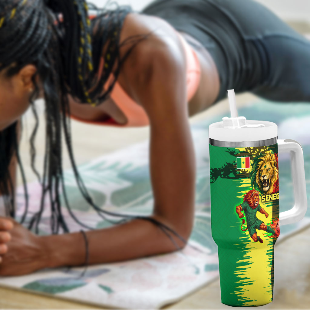 Personalized Senegal Football Lion Tumbler With Handle Fierce Roaring Lion Soccer Art With Senegal Flag