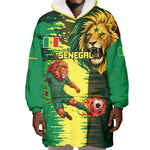 Personalized Senegal Football Lion Wearable Blanket Hoodie Fierce Roaring Lion Soccer Art With Senegal Flag