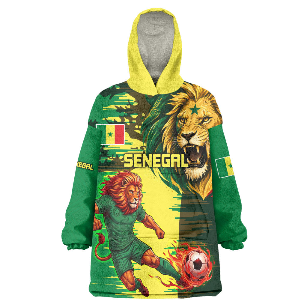 Personalized Senegal Football Lion Wearable Blanket Hoodie Fierce Roaring Lion Soccer Art With Senegal Flag