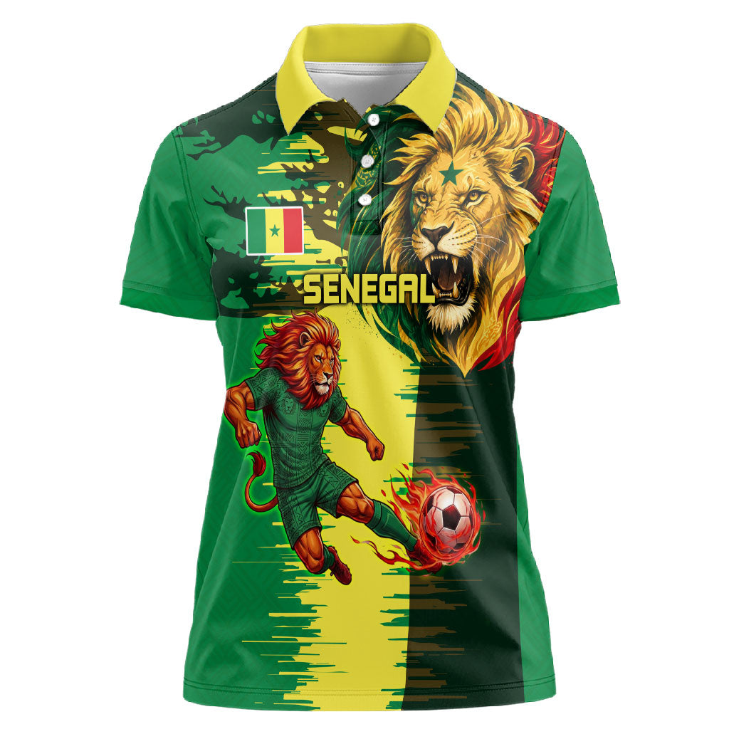 Personalized Senegal Football Lion Women Polo Shirt Fierce Roaring Lion Soccer Art With Senegal Flag