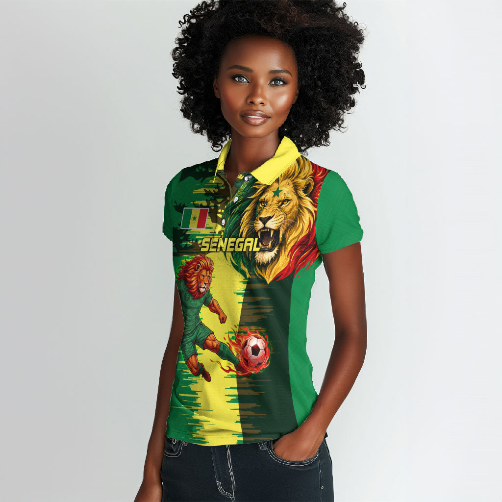 Personalized Senegal Football Lion Women Polo Shirt Fierce Roaring Lion Soccer Art With Senegal Flag