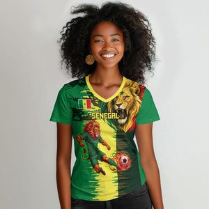 Personalized Senegal Football Lion Women V-Neck T-Shirt Fierce Roaring Lion Soccer Art With Senegal Flag