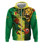 Personalized Senegal Football Lion Zip Hoodie Fierce Roaring Lion Soccer Art With Senegal Flag