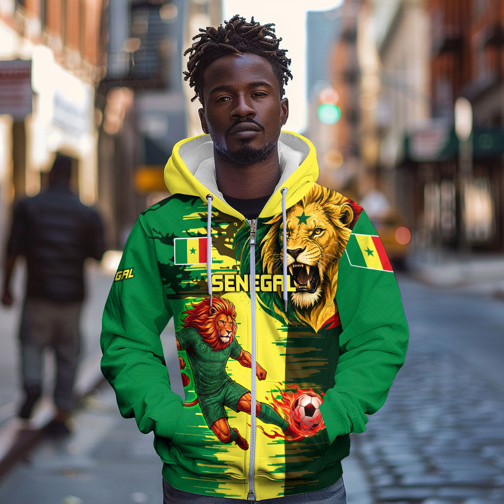 Personalized Senegal Football Lion Zip Hoodie Fierce Roaring Lion Soccer Art With Senegal Flag