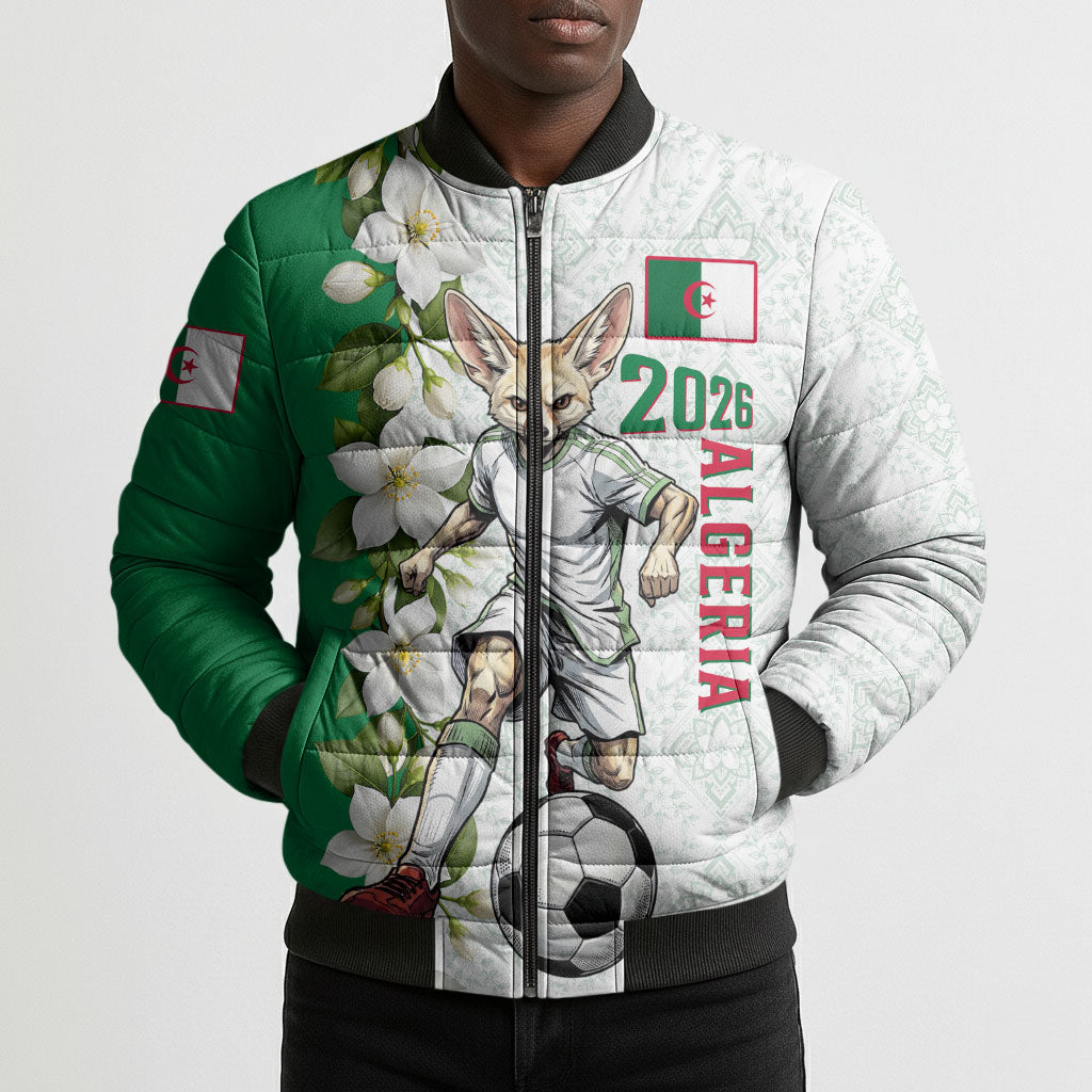Personalized Algeria Football Desert Fox Bomber Puffer Jacket Desert Fox Mascot Soccer Art With Floral Jasmine And Flag