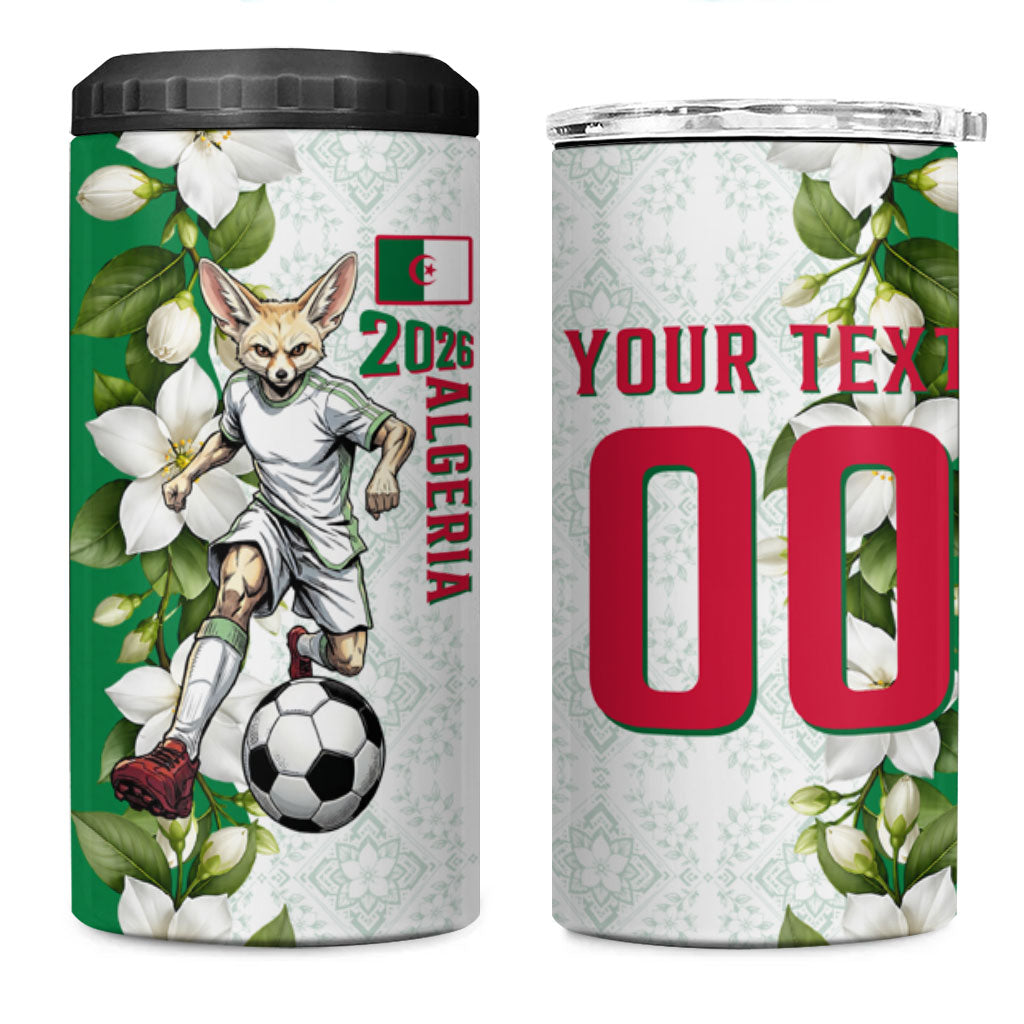 Personalized Algeria Football Desert Fox 4 in 1 Can Cooler Tumbler Desert Fox Mascot Soccer Art With Floral Jasmine And Flag