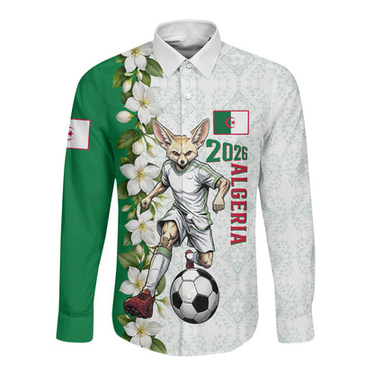 Personalized Algeria Football Desert Fox Long Sleeve Button Shirt Desert Fox Mascot Soccer Art With Floral Jasmine And Flag