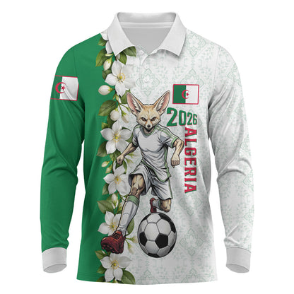 Personalized Algeria Football Desert Fox Long Sleeve Polo Shirt Desert Fox Mascot Soccer Art With Floral Jasmine And Flag