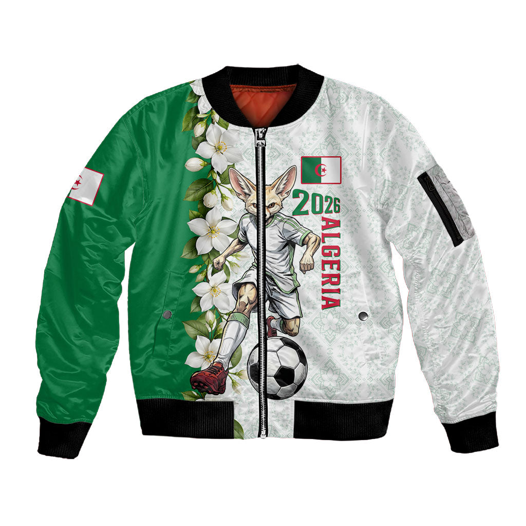 Personalized Algeria Football Desert Fox Sleeve Zip Bomber Jacket Desert Fox Mascot Soccer Art With Floral Jasmine And Flag