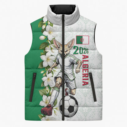 Personalized Algeria Football Desert Fox Sleeveless Puffer Jacket Desert Fox Mascot Soccer Art With Floral Jasmine And Flag