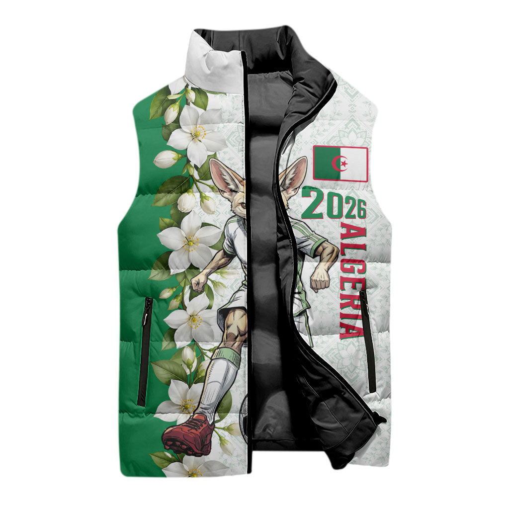 Personalized Algeria Football Desert Fox Sleeveless Puffer Jacket Desert Fox Mascot Soccer Art With Floral Jasmine And Flag