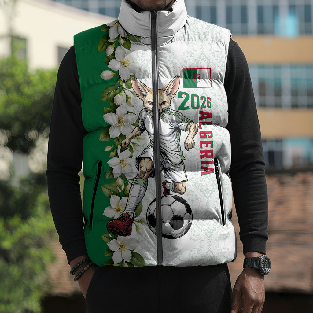 Personalized Algeria Football Desert Fox Sleeveless Puffer Jacket Desert Fox Mascot Soccer Art With Floral Jasmine And Flag