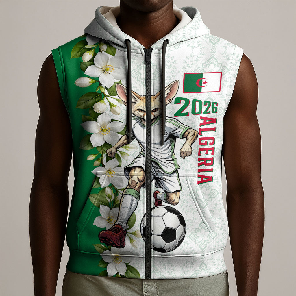 Personalized Algeria Football Desert Fox Sleeveless Zip Hoodie Desert Fox Mascot Soccer Art With Floral Jasmine And Flag