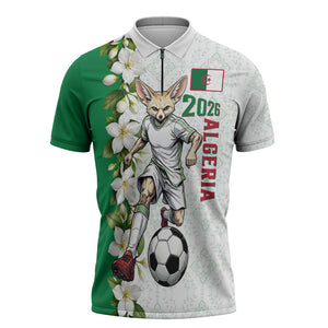 Personalized Algeria Football Desert Fox Zipper Polo Shirt Desert Fox Mascot Soccer Art With Floral Jasmine And Flag