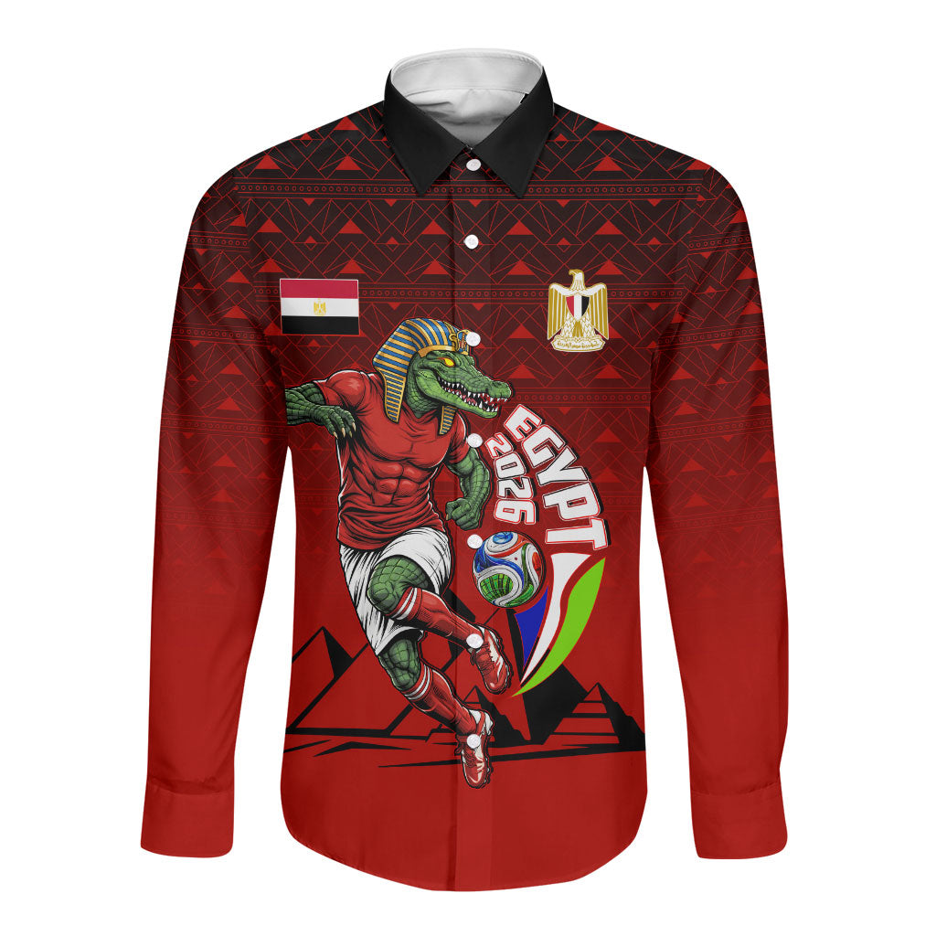Personalized Egypt Soccer Crocodile Mascot Long Sleeve Button Shirt Egyptian Pyramid Football Cultural Graphic Art