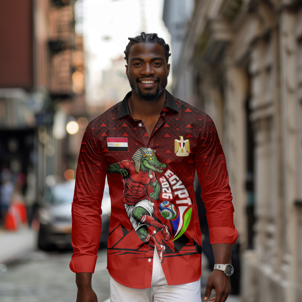 Personalized Egypt Soccer Crocodile Mascot Long Sleeve Button Shirt Egyptian Pyramid Football Cultural Graphic Art