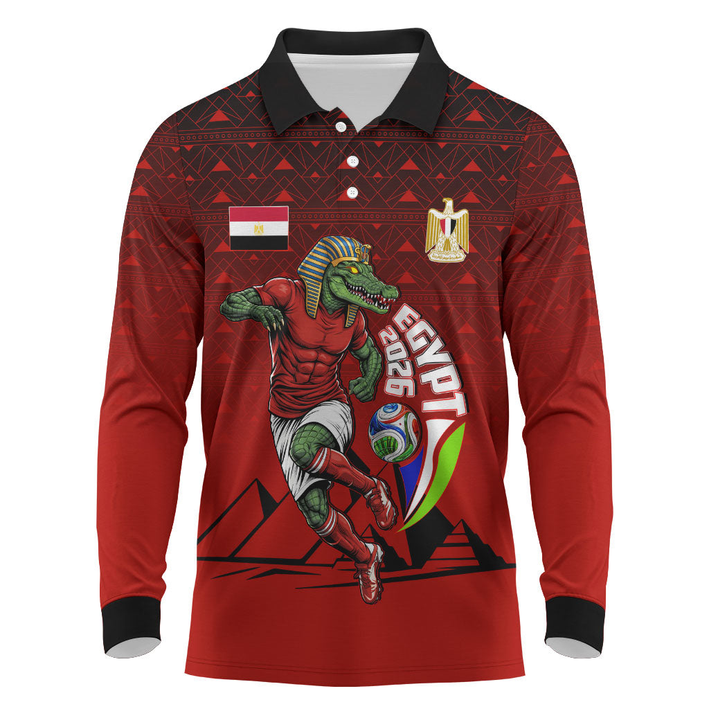 Personalized Egypt Soccer Crocodile Mascot Long Sleeve Polo Shirt Egyptian Pyramid Football Cultural Graphic Art