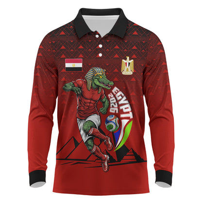 Personalized Egypt Soccer Crocodile Mascot Long Sleeve Polo Shirt Egyptian Pyramid Football Cultural Graphic Art