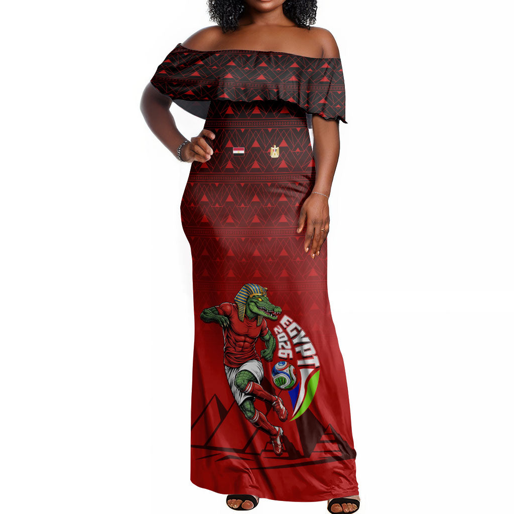 Personalized Egypt Soccer Crocodile Mascot Off Shoulder Maxi Dress Egyptian Pyramid Football Cultural Graphic Art