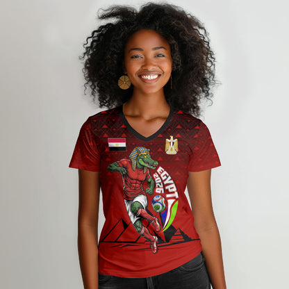Personalized Egypt Soccer Crocodile Mascot Women V-Neck T-Shirt Egyptian Pyramid Football Cultural Graphic Art