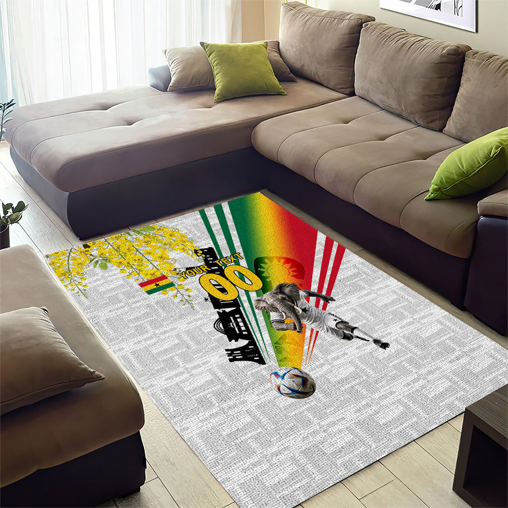 Personalized Ghana Soccer Elephant Area Rug Ghana Flag Kente Football Player - Cassia Fistula Flower