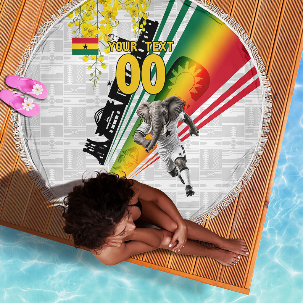 Personalized Ghana Soccer Elephant Beach Blanket Ghana Flag Kente Football Player - Cassia Fistula Flower