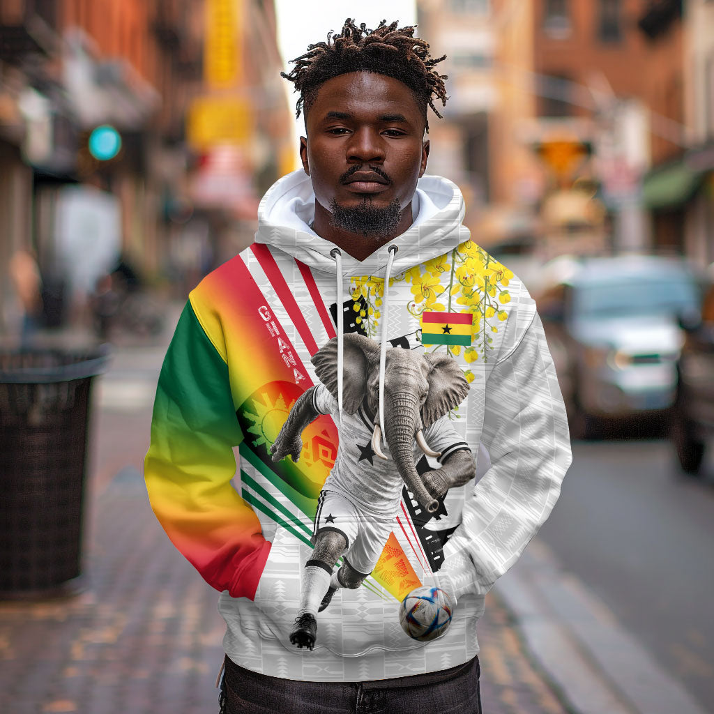 Personalized Ghana Soccer Elephant Hoodie Ghana Flag Kente Football Player - Cassia Fistula Flower