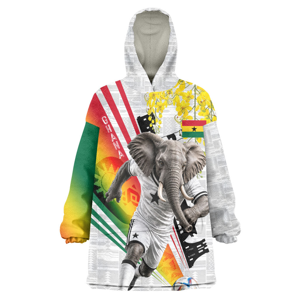 Personalized Ghana Soccer Elephant Kid Wearable Blanket Hoodie Ghana Flag Kente Football Player - Cassia Fistula Flower