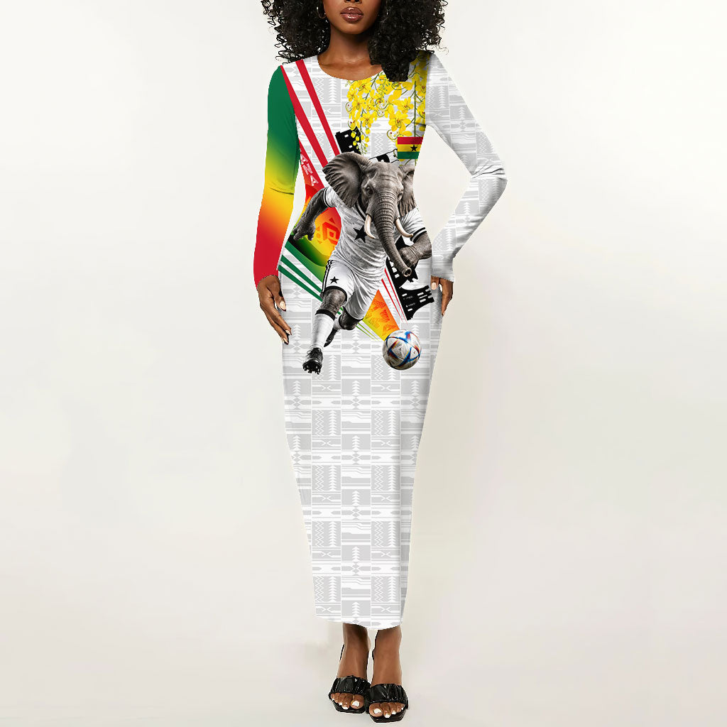 Personalized Ghana Soccer Elephant Long Sleeve Bodycon Dress Ghana Flag Kente Football Player - Cassia Fistula Flower