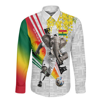 Personalized Ghana Soccer Elephant Long Sleeve Button Shirt Ghana Flag Kente Football Player - Cassia Fistula Flower