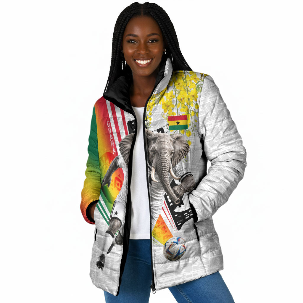 Personalized Ghana Soccer Elephant Padded Jacket Ghana Flag Kente Football Player - Cassia Fistula Flower
