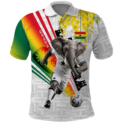 Personalized Ghana Soccer Elephant Polo Shirt Ghana Flag Kente Football Player - Cassia Fistula Flower