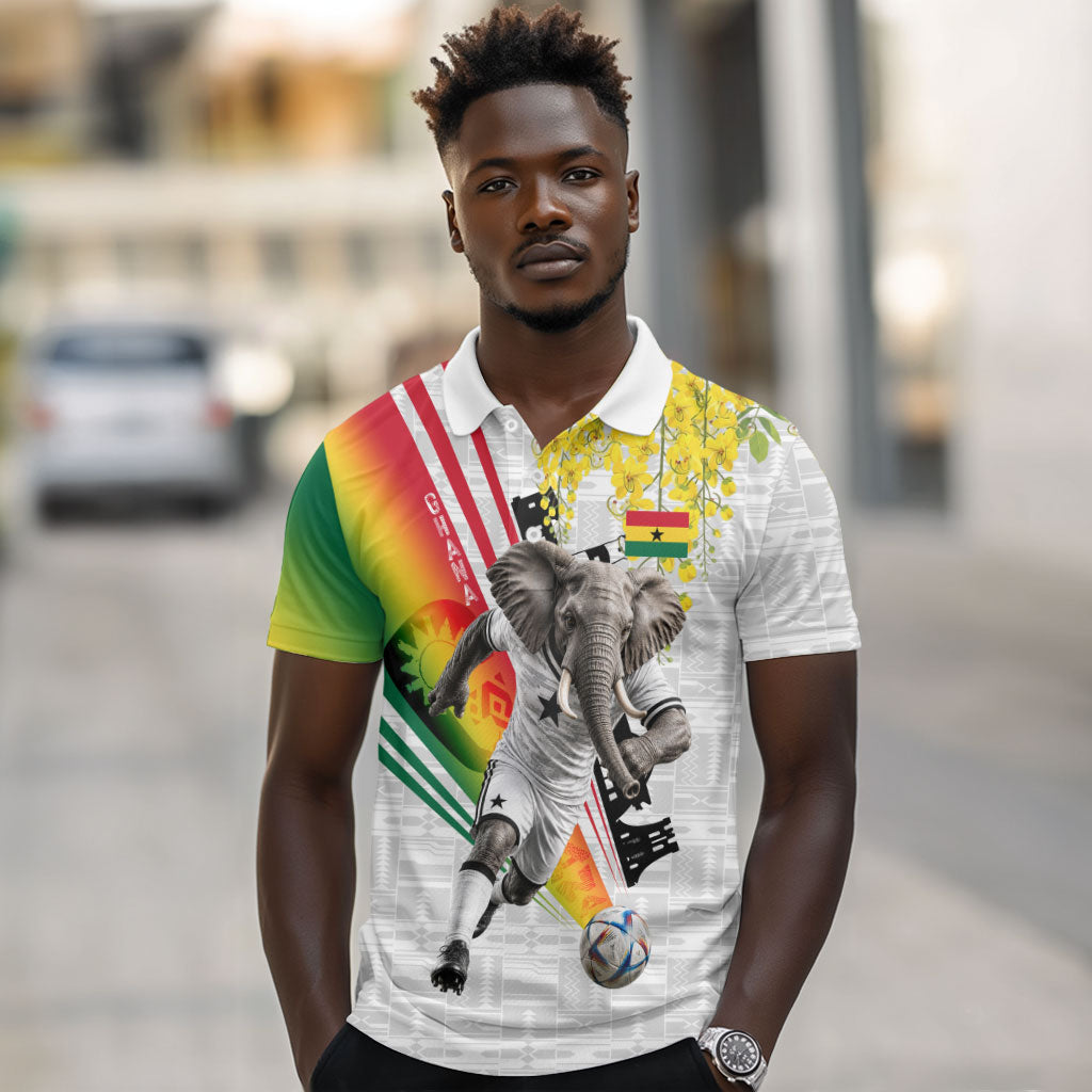 Personalized Ghana Soccer Elephant Polo Shirt Ghana Flag Kente Football Player - Cassia Fistula Flower
